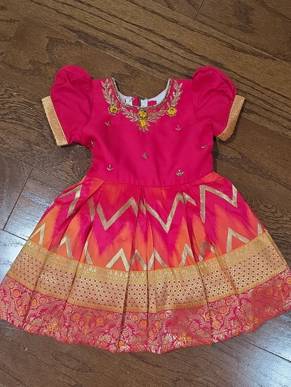 Girls Festive Pink & Gold Embroidered Party Dress
